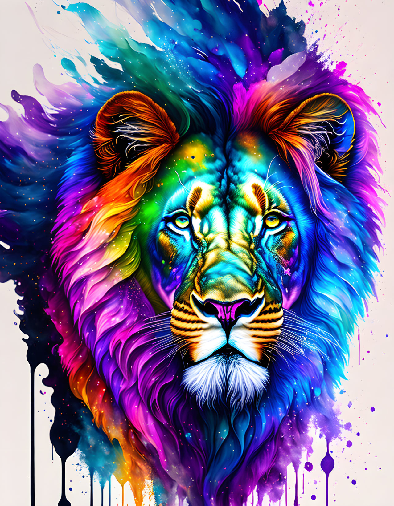 Colorful Lion Face Art with Paint Splatters & Psychedelic Mane