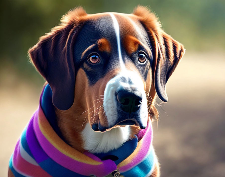 Brown and Black Dog Wearing Colorful Striped Scarf with Soulful Eyes