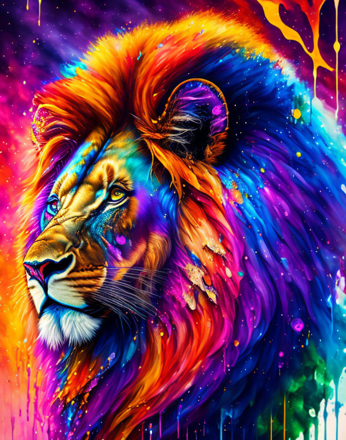 Colorful lion digital art on vibrant rainbow background