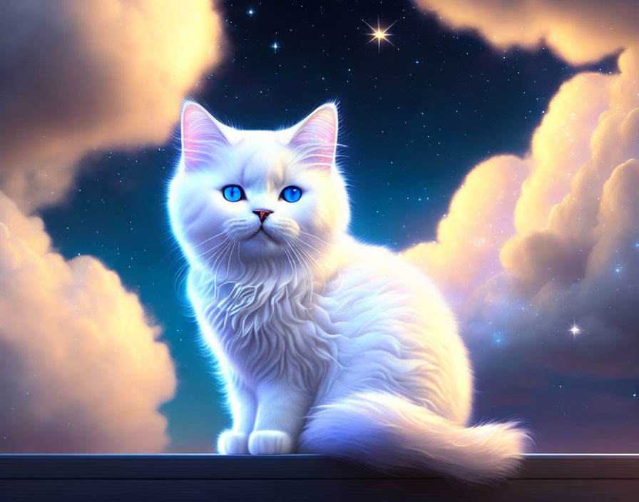 White Cat with Blue Eyes Under Starry Sky and Flying Bird Silhouette