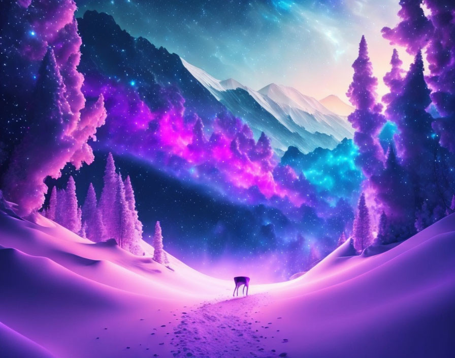 Snow-covered trees and mountains under a vibrant purple and blue sky with a lone wolf in a mystical landscape