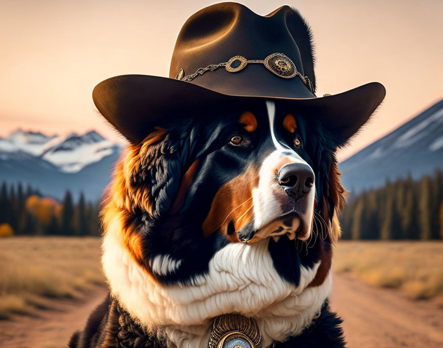 Bernese Mountain Dog in Cowboy Hat with Sunset Mountain Landscape