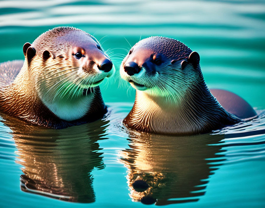 Two otters floating in clear blue water with whiskers and wet fur.