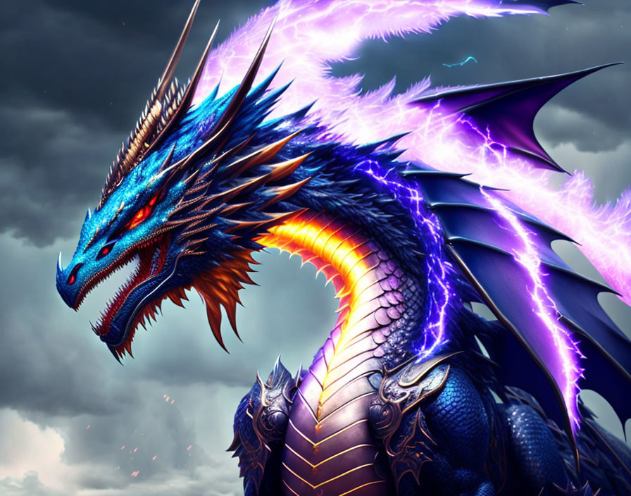 Blue Dragon with Purple Electrified Wings and Spikes in Stormy Sky