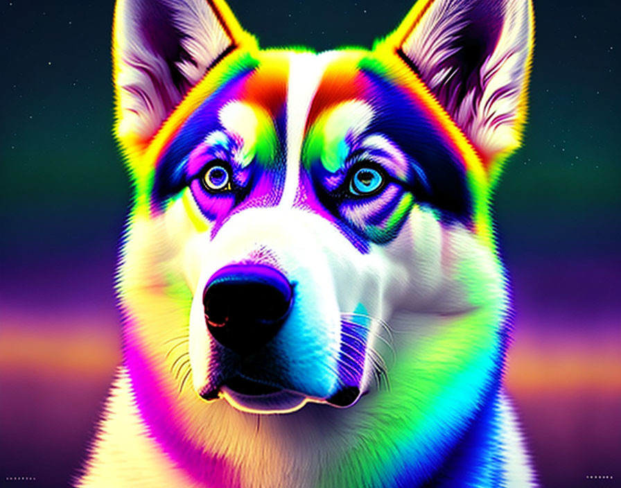 Colorful Siberian Husky Artwork with Neon Rainbow Fur and Heterochromia Eyes