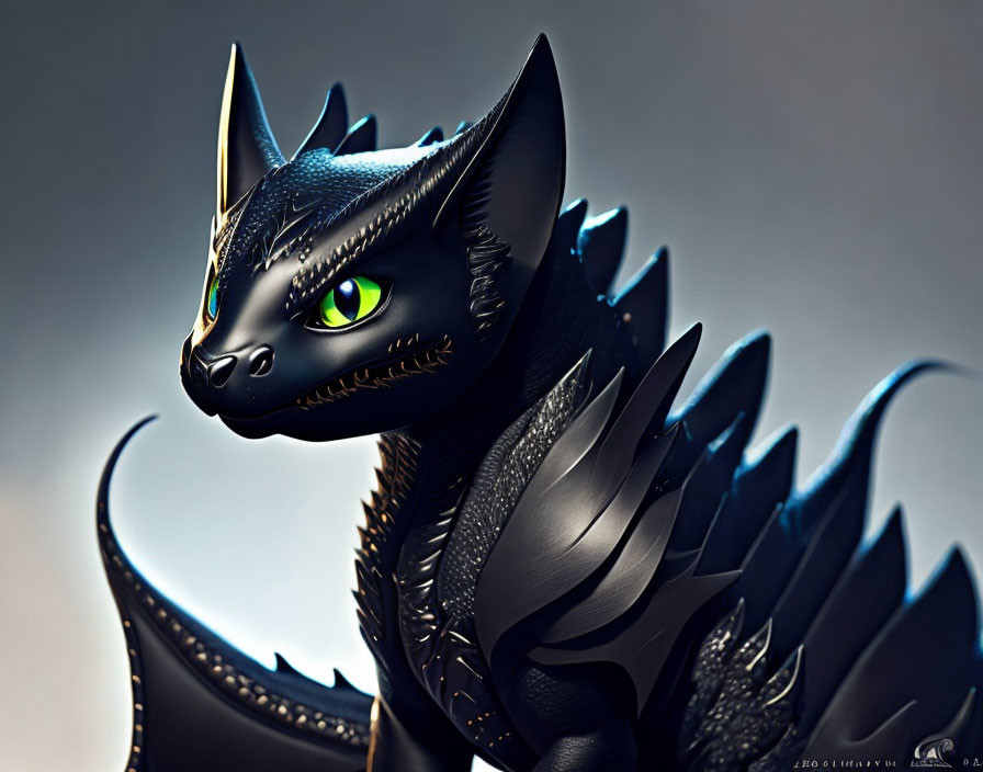 Black Dragon 3D Rendering with Vibrant Green Eyes and Intricate Wing Design