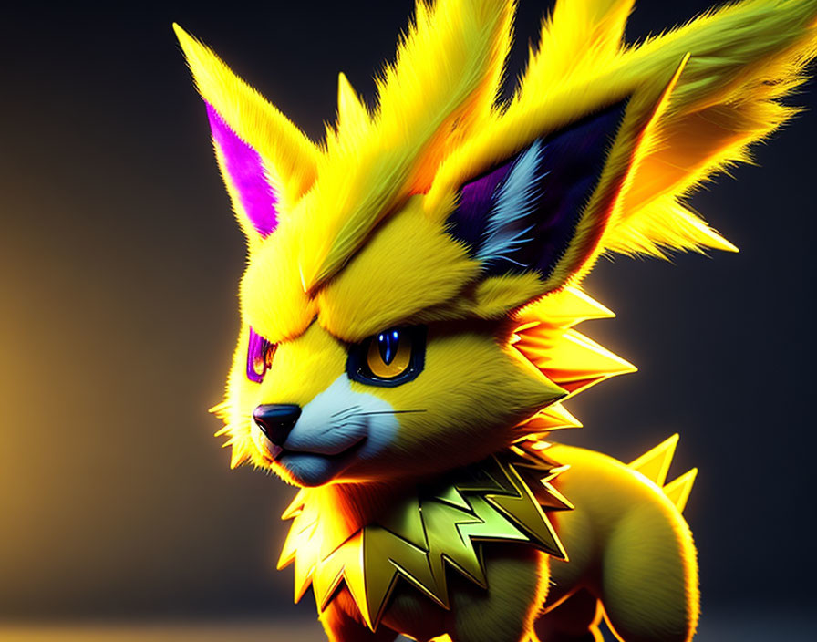 Stylized digital art of yellow, spiky-furred creature with large ears and intense eyes