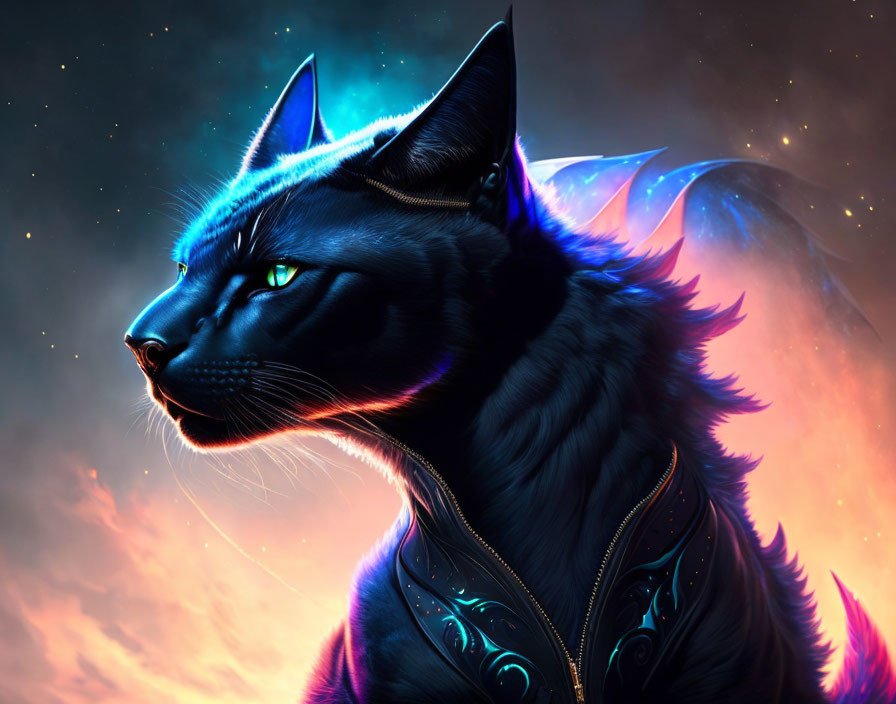 Majestic black cat in fantasy armor against cosmic backdrop