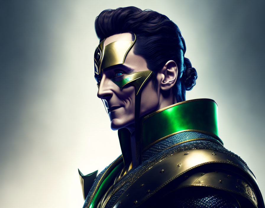 Male character with slicked-back hair in golden helmet and green armor exuding mischievous aura