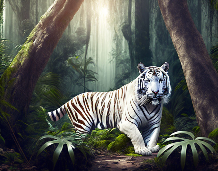 White Tiger with Black Stripes in Sunlit Forest