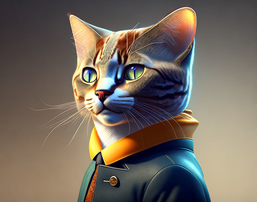 Stylized cat with human-like features in blue jacket and orange collar