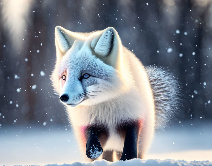 Blue-eyed fox in snowfall: Serene winter scene