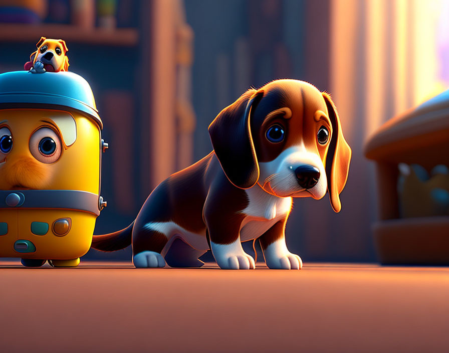 Sad-eyed animated puppy and tiny hamster on robotic vacuum in cozy cartoon setting