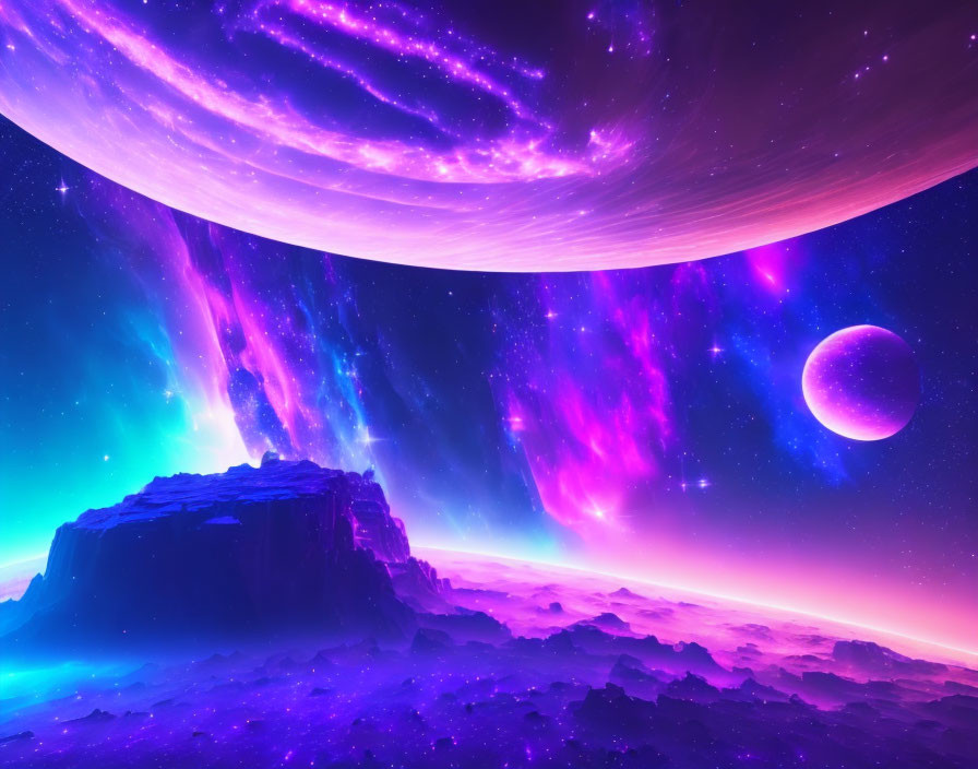 Colorful cosmic landscape with ringed planet, nebulae, auroras, and rocky foreground