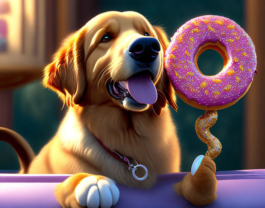 Smiling golden retriever with pink doughnut on nose in animated image