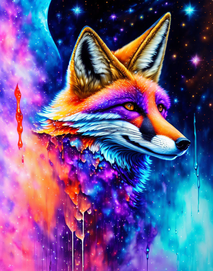 Colorful Fox Head Digital Painting with Cosmic Background