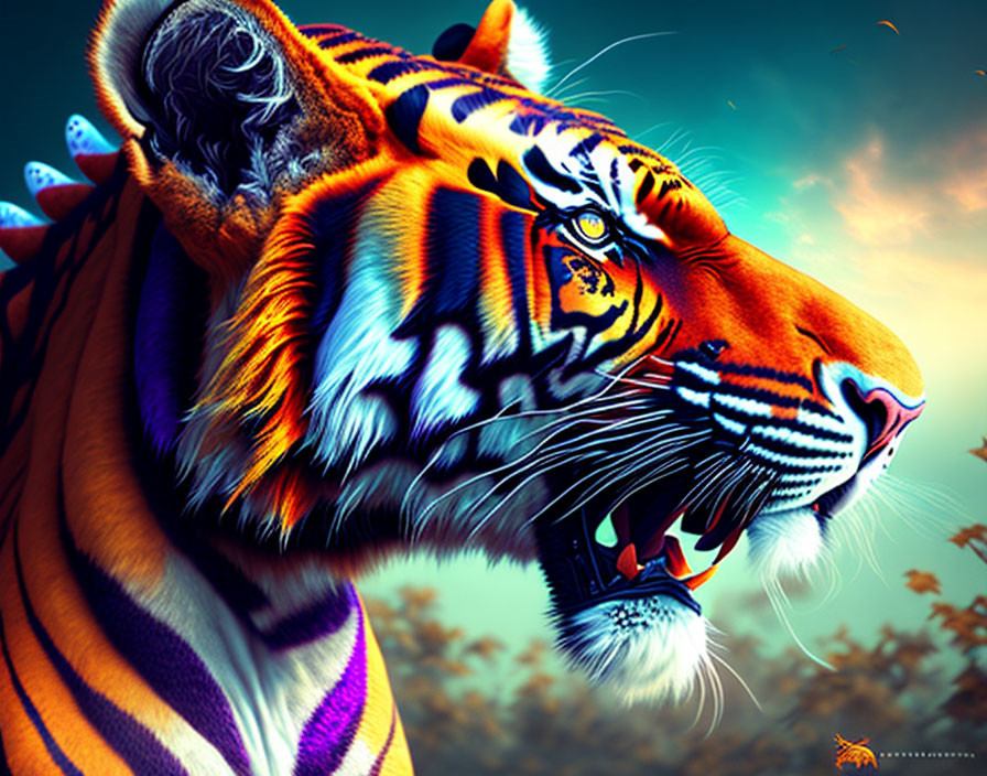 Colorful Tiger Head Artwork with Orange, Purple, and Blue Hues