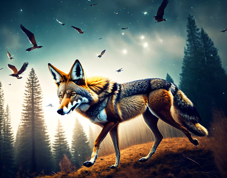 Majestic fox in mystical forest with birds and starry sky