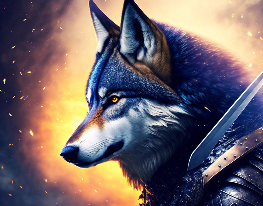 Fantasy digital art: Wolf in armor with fiery backdrop