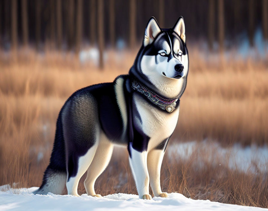 Siberian Husky in snow with forest background at golden hour