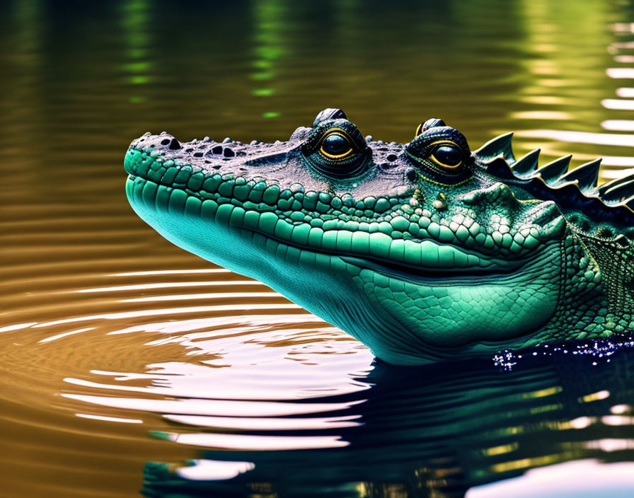 Crocodile head with textured skin and piercing eyes in rippling water