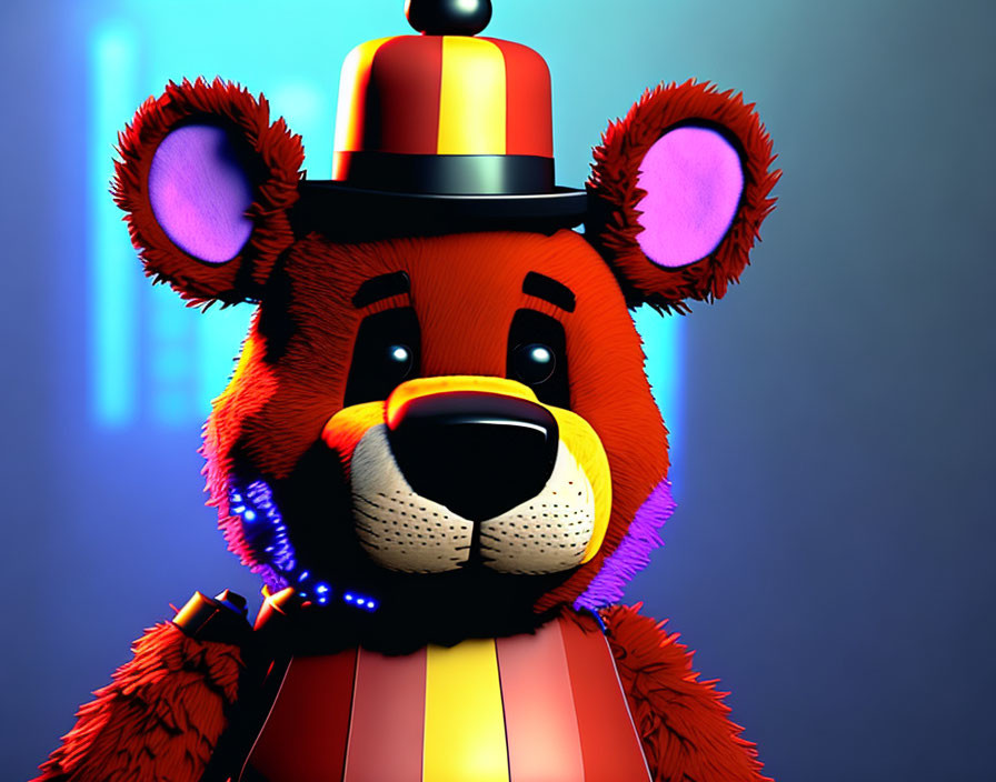 Colorful Cartoon Bear with Striped Top Hat & Bow Tie in 3D Render