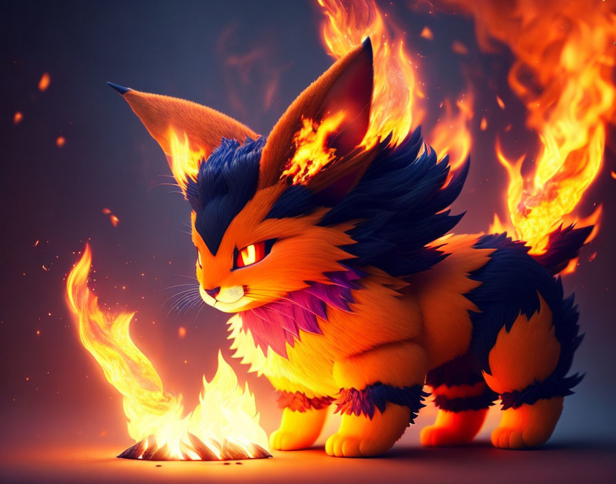 Fiery fox-like creature with orange and blue fur coat in flames