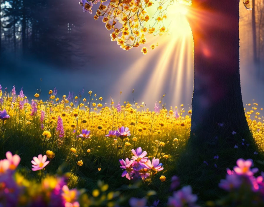 Sun rays through blooming tree in purple and yellow wildflower meadow