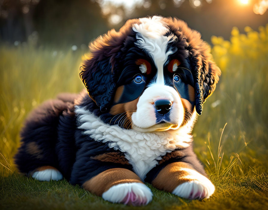 Bernese Mountain Dog Puppy Resting in Golden Sunlight