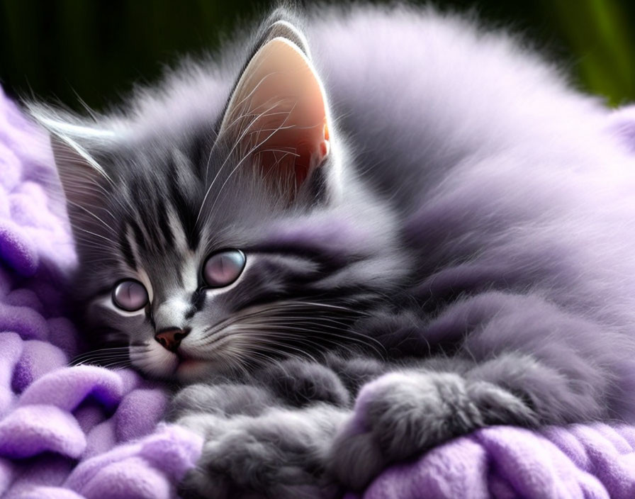 Adorable gray kitten with purple eyes on cozy knit blanket