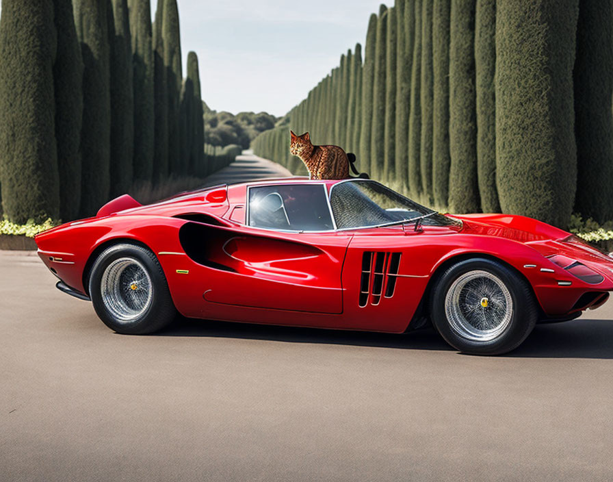 Tabby Cat on Red Sports Car in Landscaped Setting