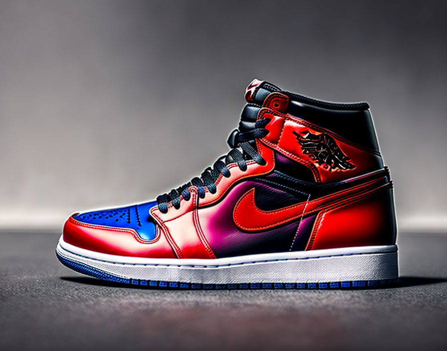 Red and Blue High-Top Sneaker with Black Accents on White Sole