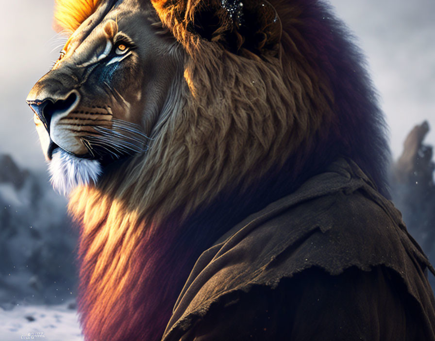 Regal lion with thick mane in dark cape against snowy backdrop