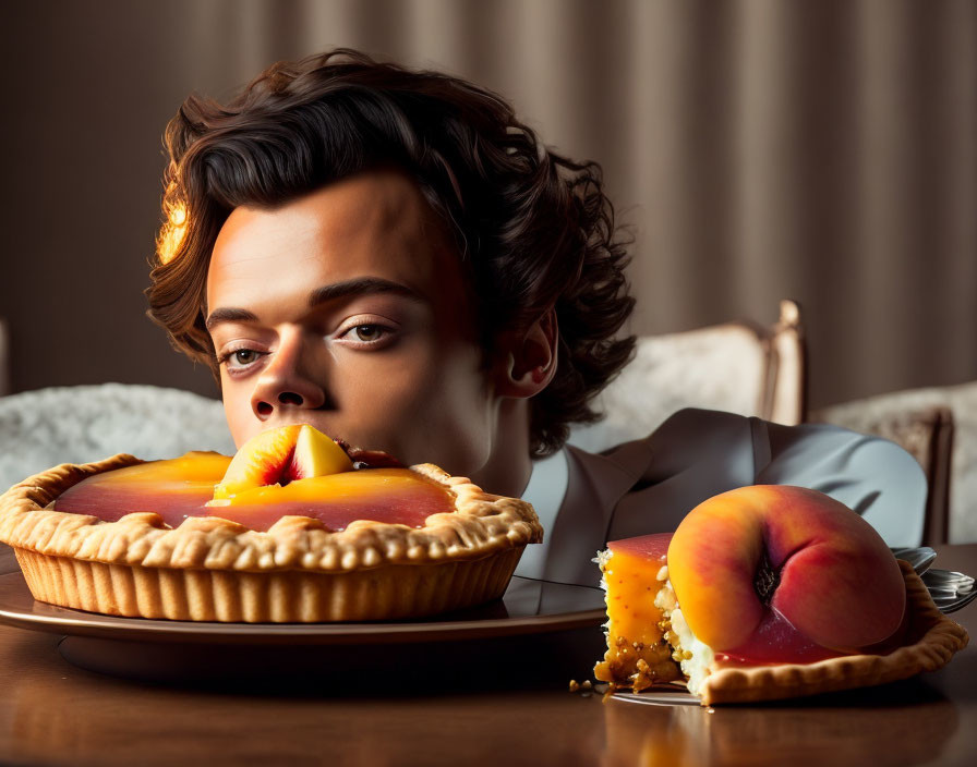 Person looking at peach pie, slice, and fresh peaches on table in warm-lit room