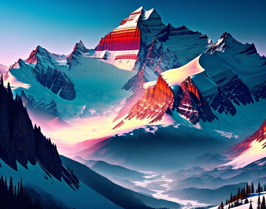 Majestic mountains in surreal, vibrant landscape