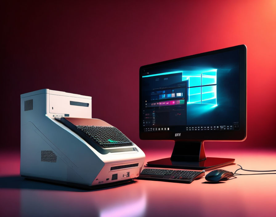 Vintage computer setup with old-style monitor and tower next to modern flat screen on red-lit background