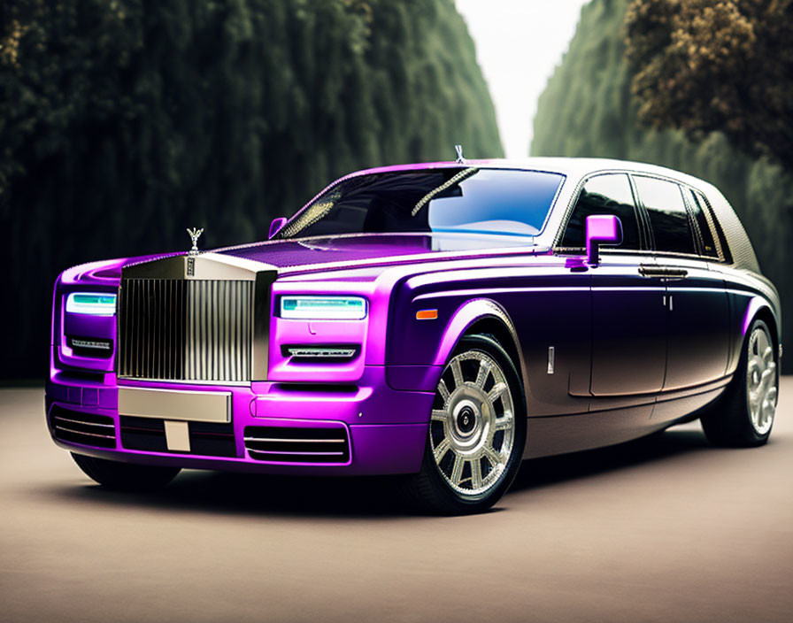 Luxurious Purple Rolls-Royce with Distinctive Grille on Tree-Lined Road