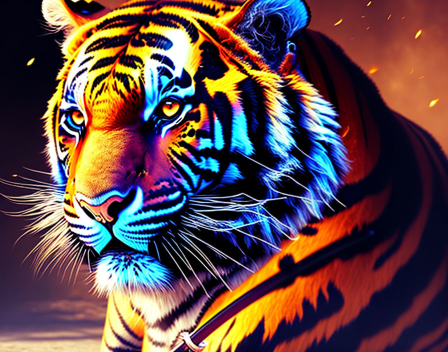 Colorful digital artwork: Tiger in vibrant orange and blue hues with dynamic lighting effects