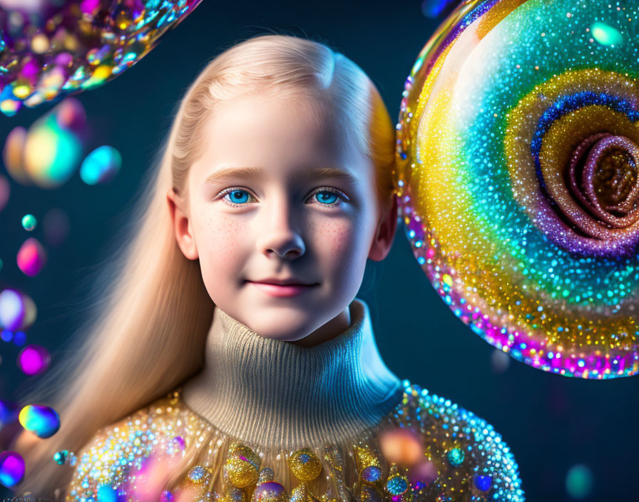 Blonde Girl Surrounded by Colorful Bubbles on Blue Background