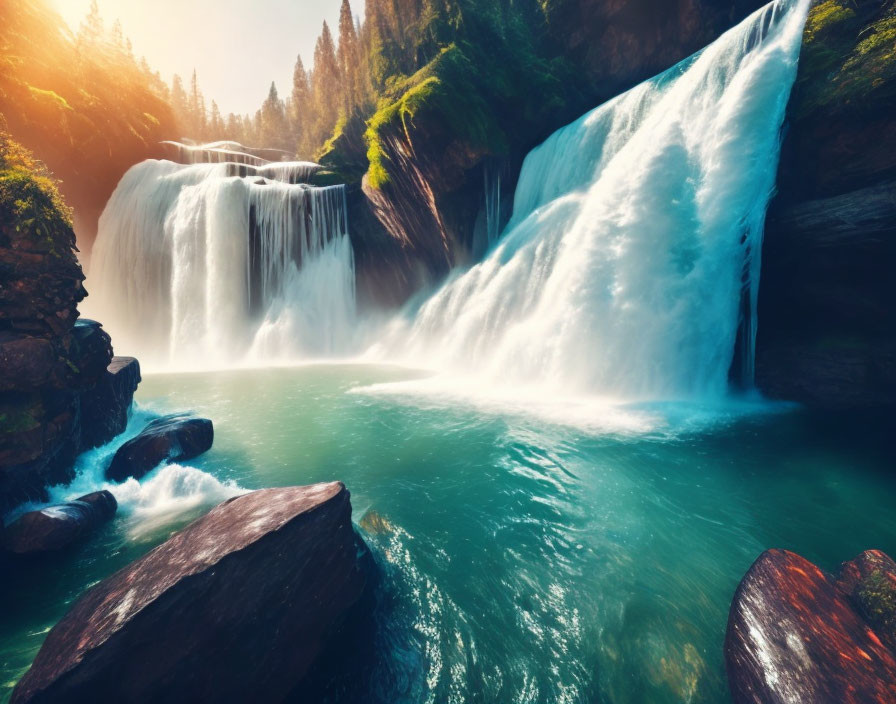 Tranquil waterfall with turquoise water in lush green setting