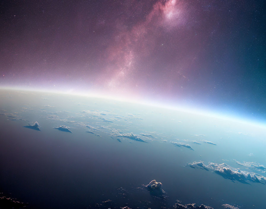 Space View of Earth's Horizon with Blue Glow and Starry Galaxy