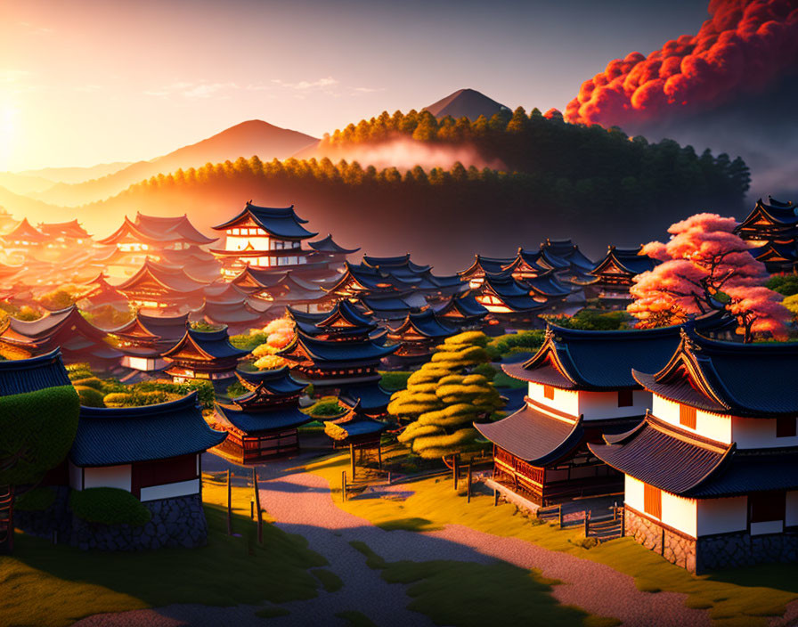 Ancient East Asian village in lush greenery with cherry blossoms and mountains at sunrise