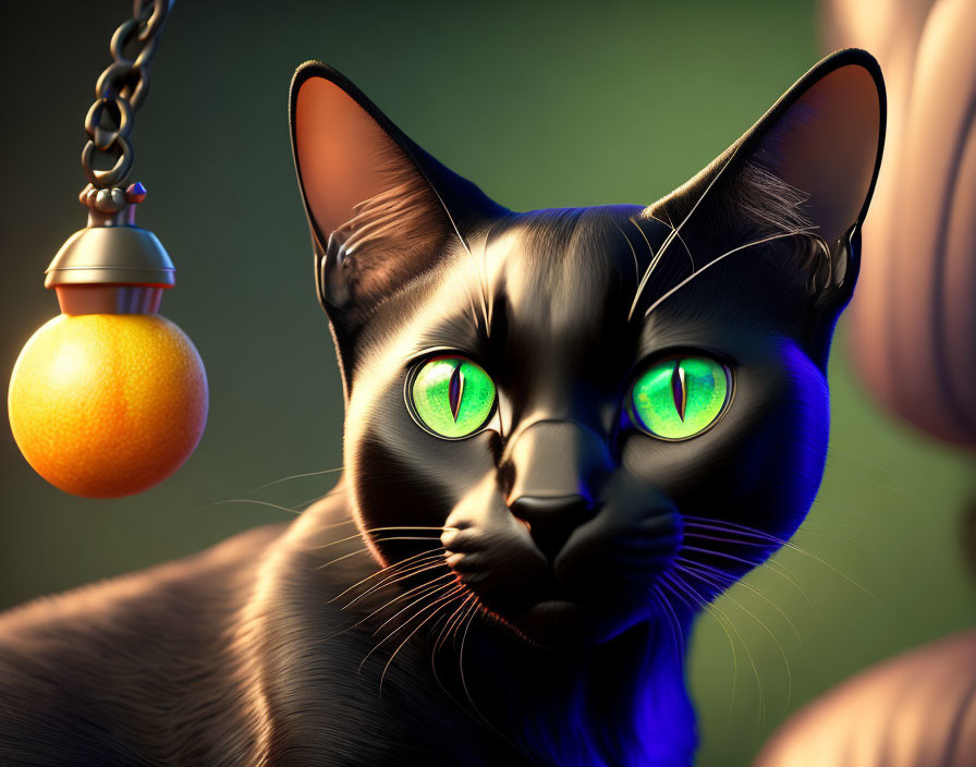 Glossy Black Cat with Green Eyes and Orange Bauble in 3D Render