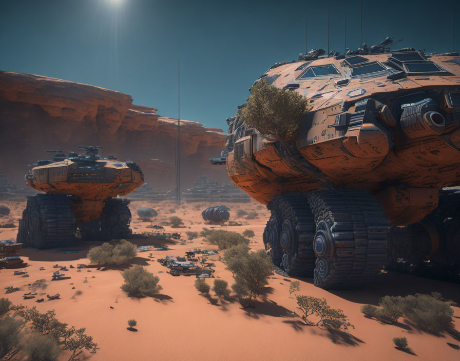 Futuristic desert landscape with orange armored vehicles and rock formations