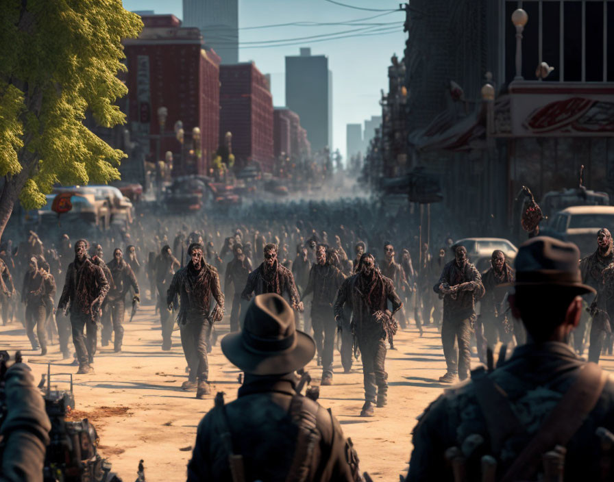 Urban street scene with disheveled zombies and man in hat surrounded by cars and buildings