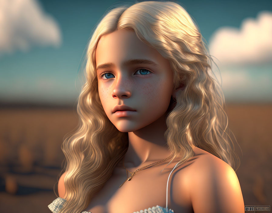 Young girl with blonde curly hair and blue eyes in white dress against desert backdrop