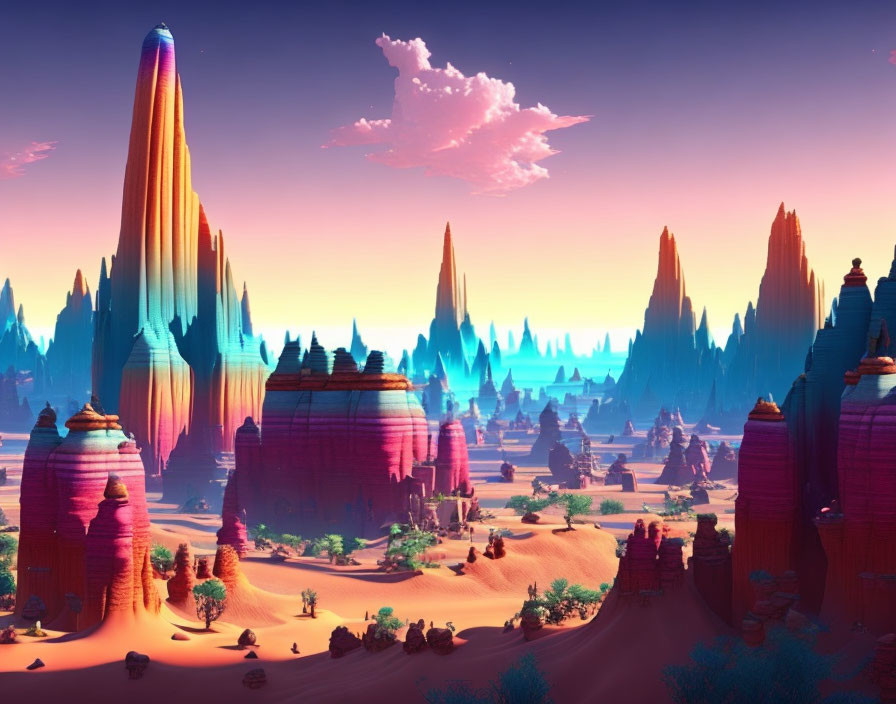 Fantastical landscape with towering rock formations at sunset