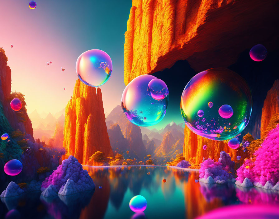 Surrealist landscape with iridescent bubbles, tranquil lake, red cliffs, and colorful flora