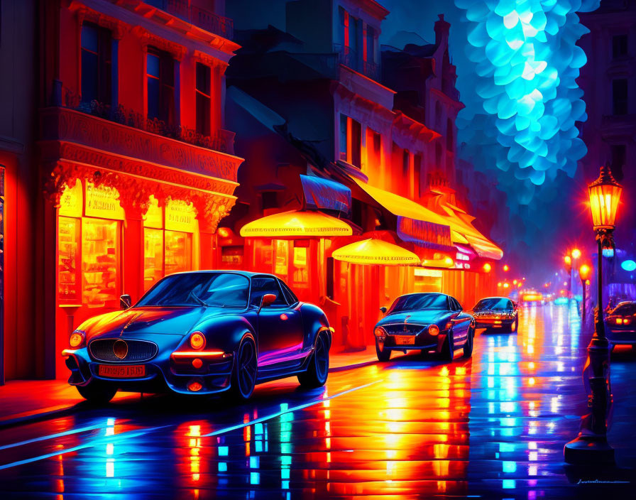 Night Street Scene with Neon Lights, Classic Sports Car, and Modern Vehicles