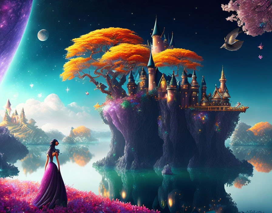 Woman admiring castle on floating island in surreal landscape